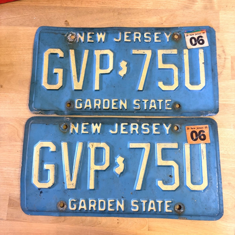 Vintage New Jersey License Plate Pair Blue Garden State GVP-75U 2006 Stickers